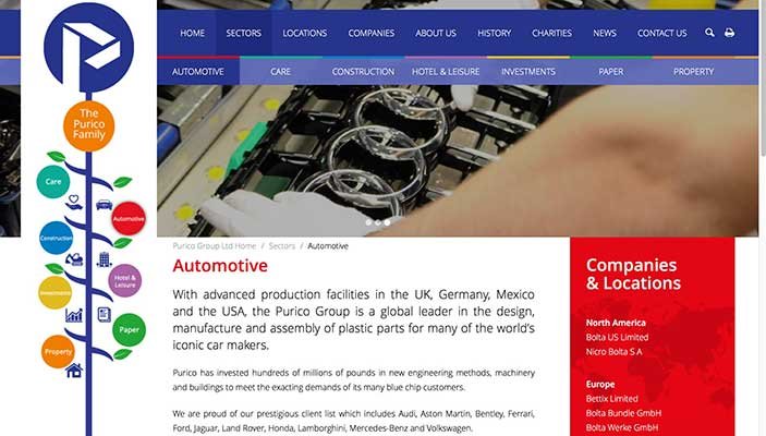 Automotive section of Purico conglomerate website. Text for this page and rest of site written by Enigma Communications.