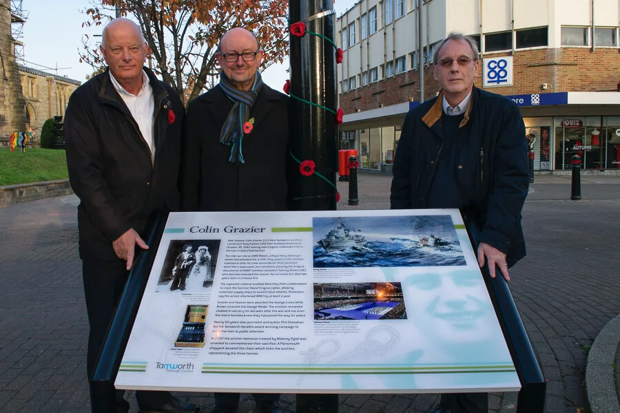 Phil Shanahan pictured at new interpretation panel erected at memorial to Enigma heroes, with David Hunter, senior regeneration officer at Tamworth Borough Council, and Tamworth councillor Steven Claymore.